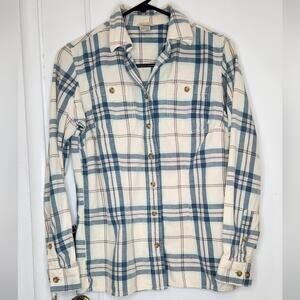 Duluth Trading co. Cream and Blue Plaid Flannel shirt XS